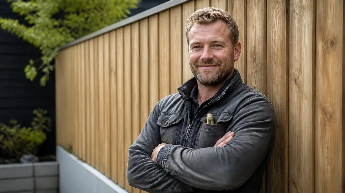 Vakman bij een afgeronde houten schutting